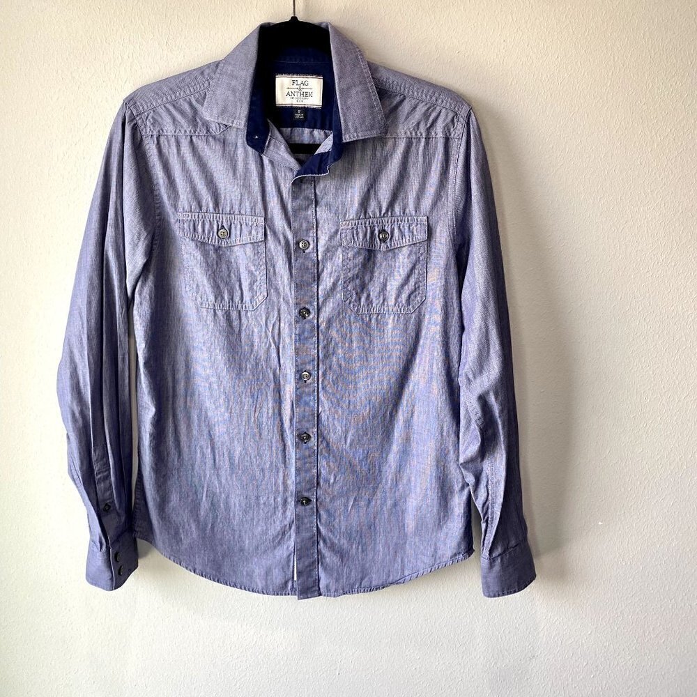 Flag and Anthem Blue Button Up Shirt S